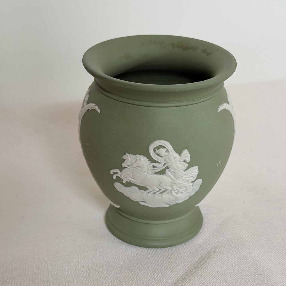 Wedgwood Jasperware Sage Green Small Round Vase Neoclassical Scenes Made in UK